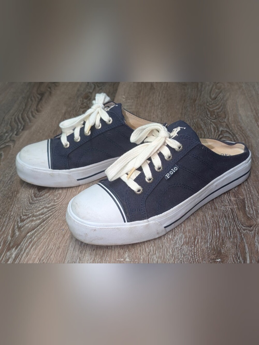Polo Ralph Lauren Canvas Mule Slip On Sneakers Navy Blue White Pristine Sz 9.5